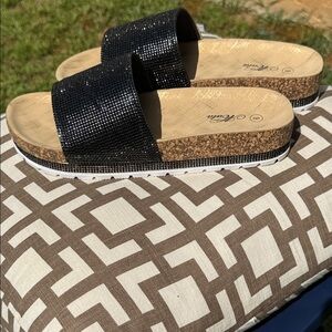 Mata Shoes Black Rhinestone Slide Sandals, sz 9